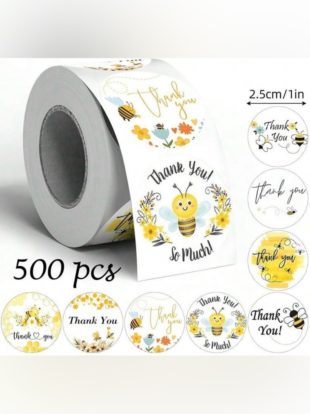 Bee Thank You Stickers Roll 500 Pc Floral Small Business Packaging Labels 1 inch